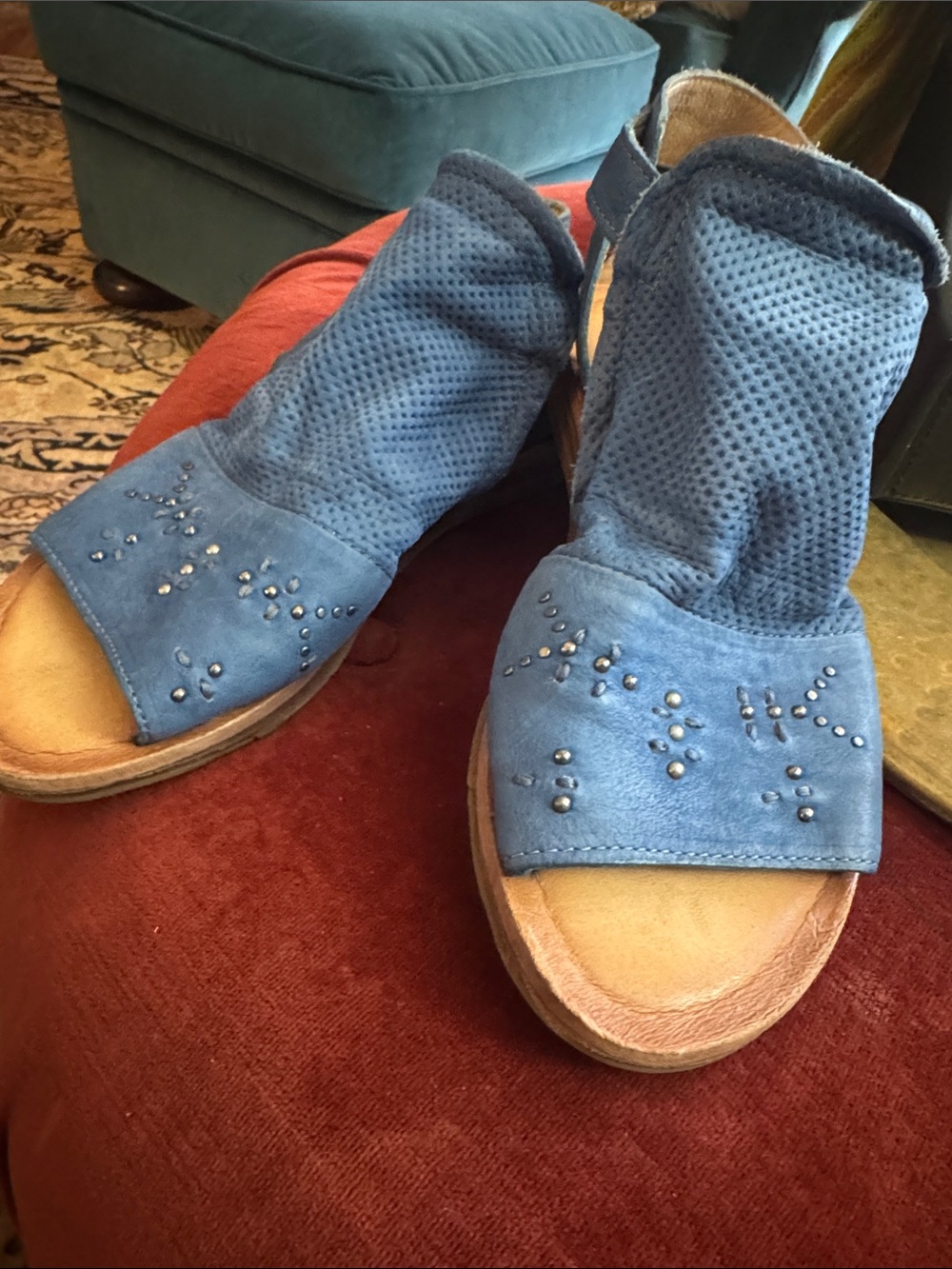 Miz Mooz Fifi Blue Perforated Open-Toe Stud Sandals